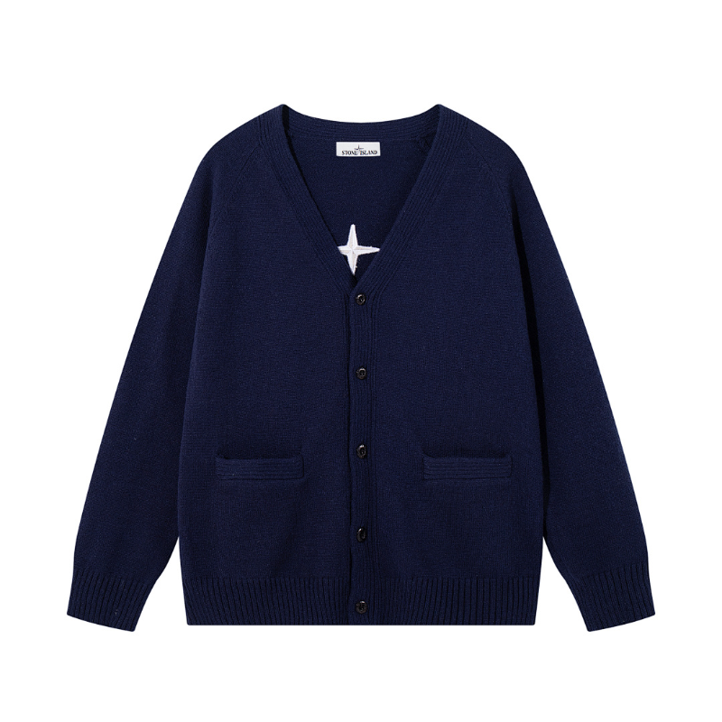STC27 Men's and Women's V-neck Button Double Pocket Ribbed Edge Back Logo Embroidered Knitted Sweater Clothing