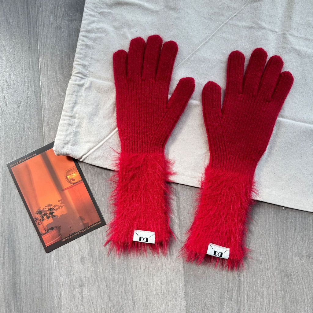 Soft glutinous rabbit fleece gloves girl sweet long leaky finger touch screen plush thick warm all-match cycling five-finger gloves