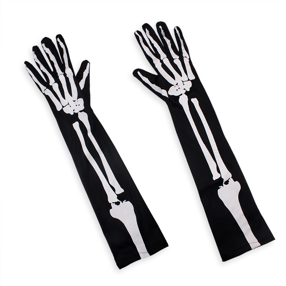 Halloween skeleton double-sided printed long ghost gloves cospaly performance props whole gu skeleton ghost gloves