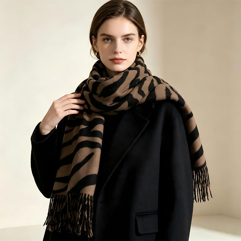 Cross-border new product zebra print scarf for women in autumn and winter, thickened and warm, high-end tassel shawl, Korean version, versatile scarf for men
