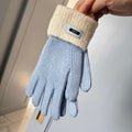 Korean style soft glutinous lamb ring color matching gloves women winter student warm cycling five-finger knitted gloves naked finger touch screen
