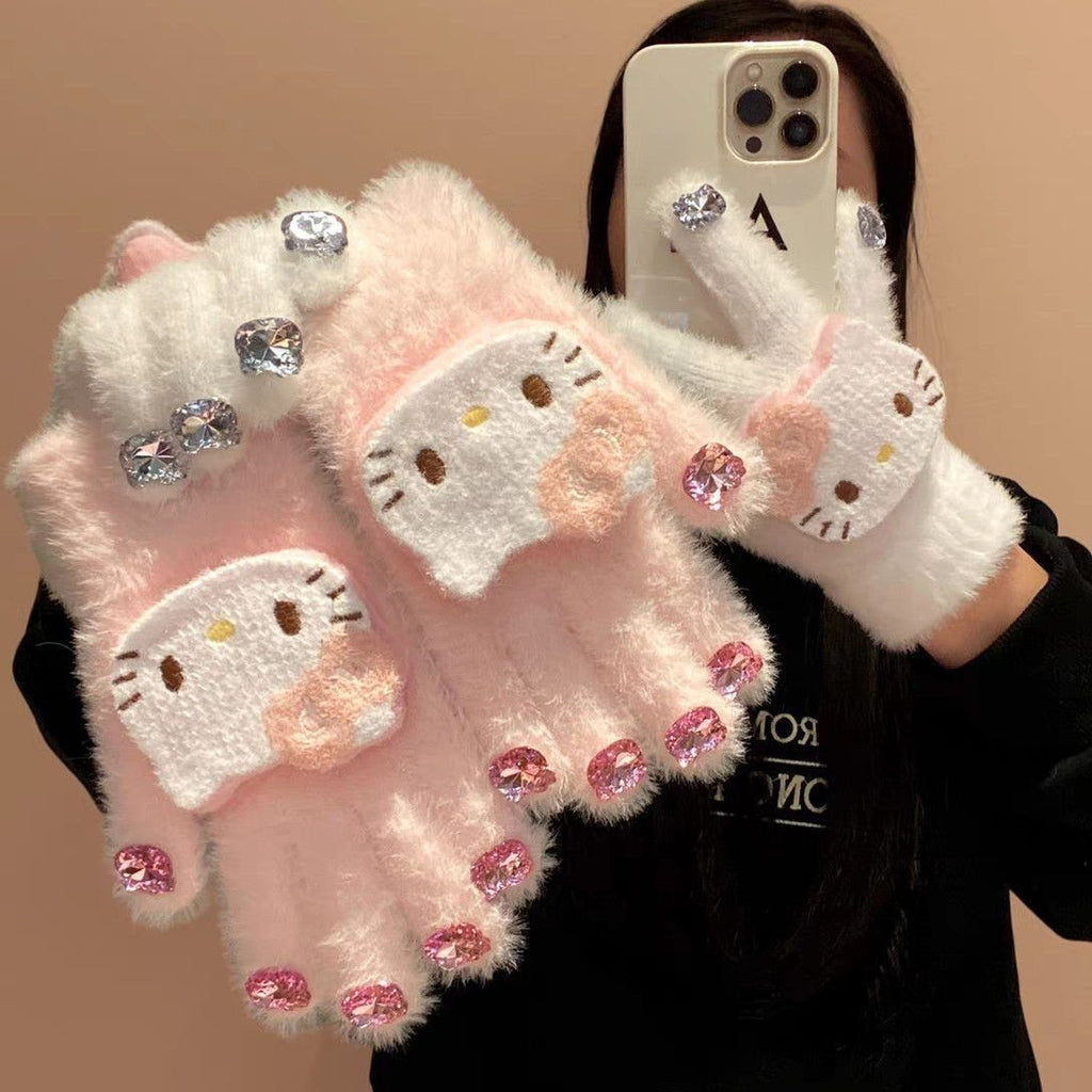 New Cartoon Cat Diamond Yarn Gloves Windproof Coldproof Warm Kids Gloves Parent-Child Plush Knit Finger