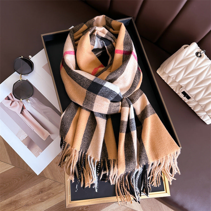 2024 explosive imitation cashmere plaid thermal shawl neck unisex autumn and winter fashion all-match tassel scarf