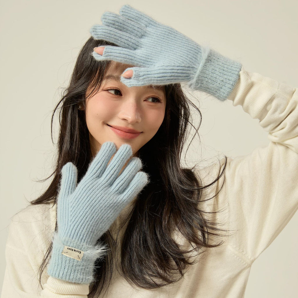 Soft glutinous rabbit fleece gloves girl sweet long leaky finger touch screen plush thick warm all-match cycling five-finger gloves