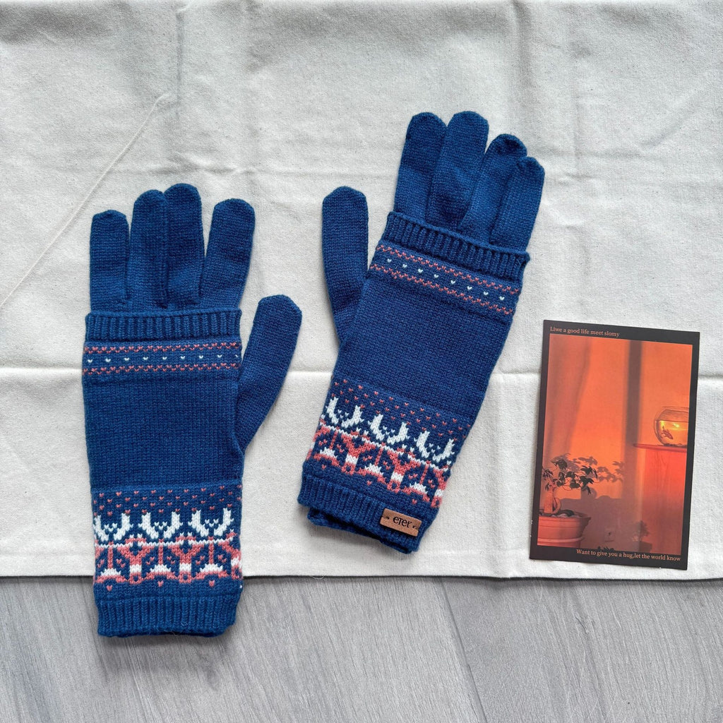 Vintage Vibe Detachable Two Fair Island Jacquard Knitted Gloves Autumn Winter Warm Wool Touch Screen Reveal Two Fingers