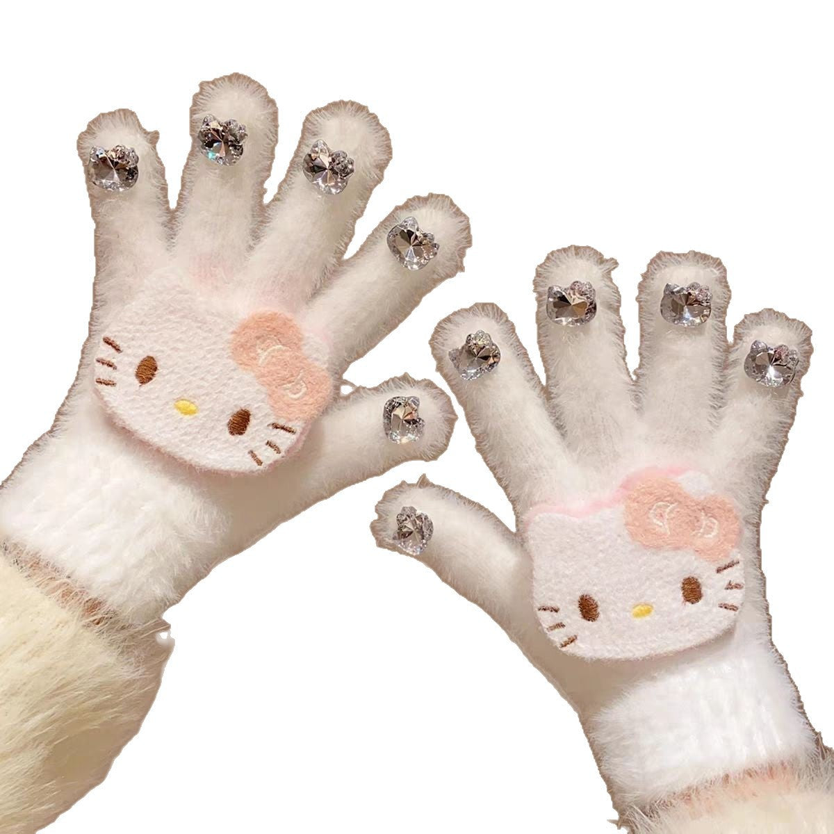 New Cartoon Cat Diamond Yarn Gloves Windproof Coldproof Warm Kids Gloves Parent-Child Plush Knit Finger