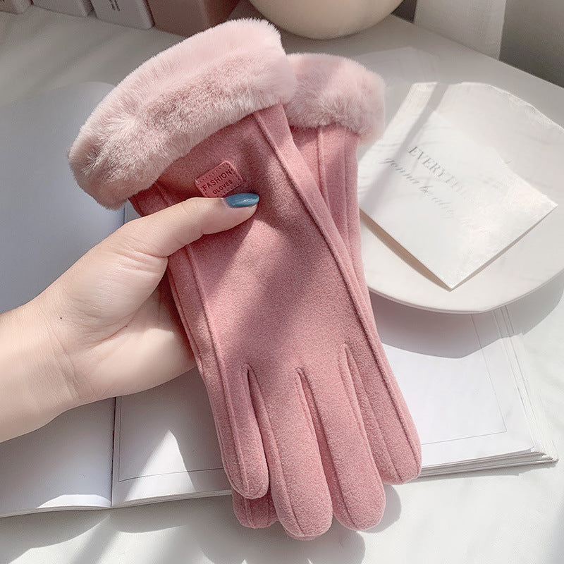Gloves for women in autumn and winter, warm double layer plus velvet and thickening for cycling, cute German velvet cold-proof cycling and windproof touch screen gloves
