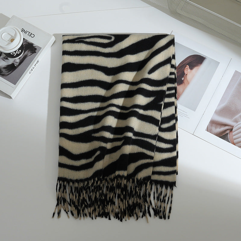 Cross-border new product zebra print scarf for women in autumn and winter, thickened and warm, high-end tassel shawl, Korean version, versatile scarf for men