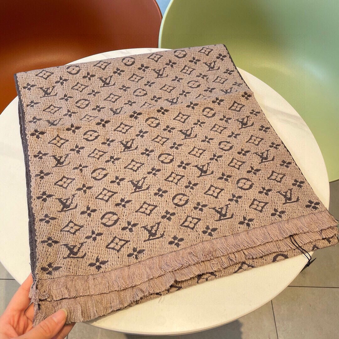 Women's Monogram Print Pashmina Scarf - Warm Beige Winter Shawl with Fringed Edges